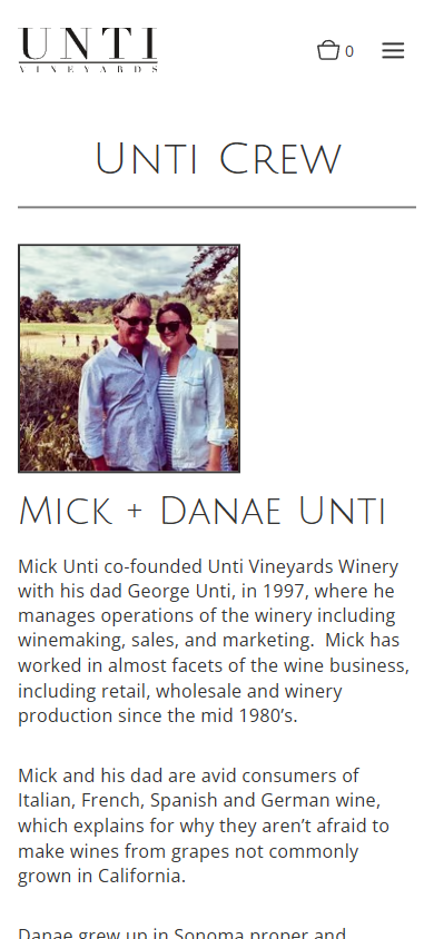 The Unti Vineyards About page on a phone, headed "Unti Crew", introducing Mick and Danae Unti with a photograph of the two of them.