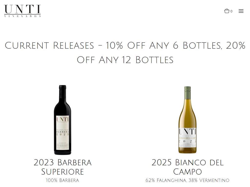 The Unti Vineyards current releases page in a desktop browser, offering a multi-bottle discount, with the 2023 Barbera Superiore and 2025 Bianco del Campo shown side by side.
