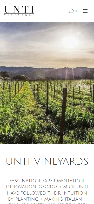 The Unti Vineyards homepage on a phone, with the vineyard photograph above the winery name and introduction.
