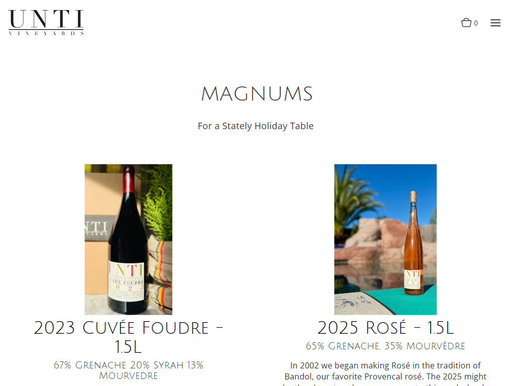 The Unti Vineyards magnums page in a desktop browser, headed "Magnums", showing the 2023 Cuvée Foudre and 2025 Rosé in 1.5 liter bottles.