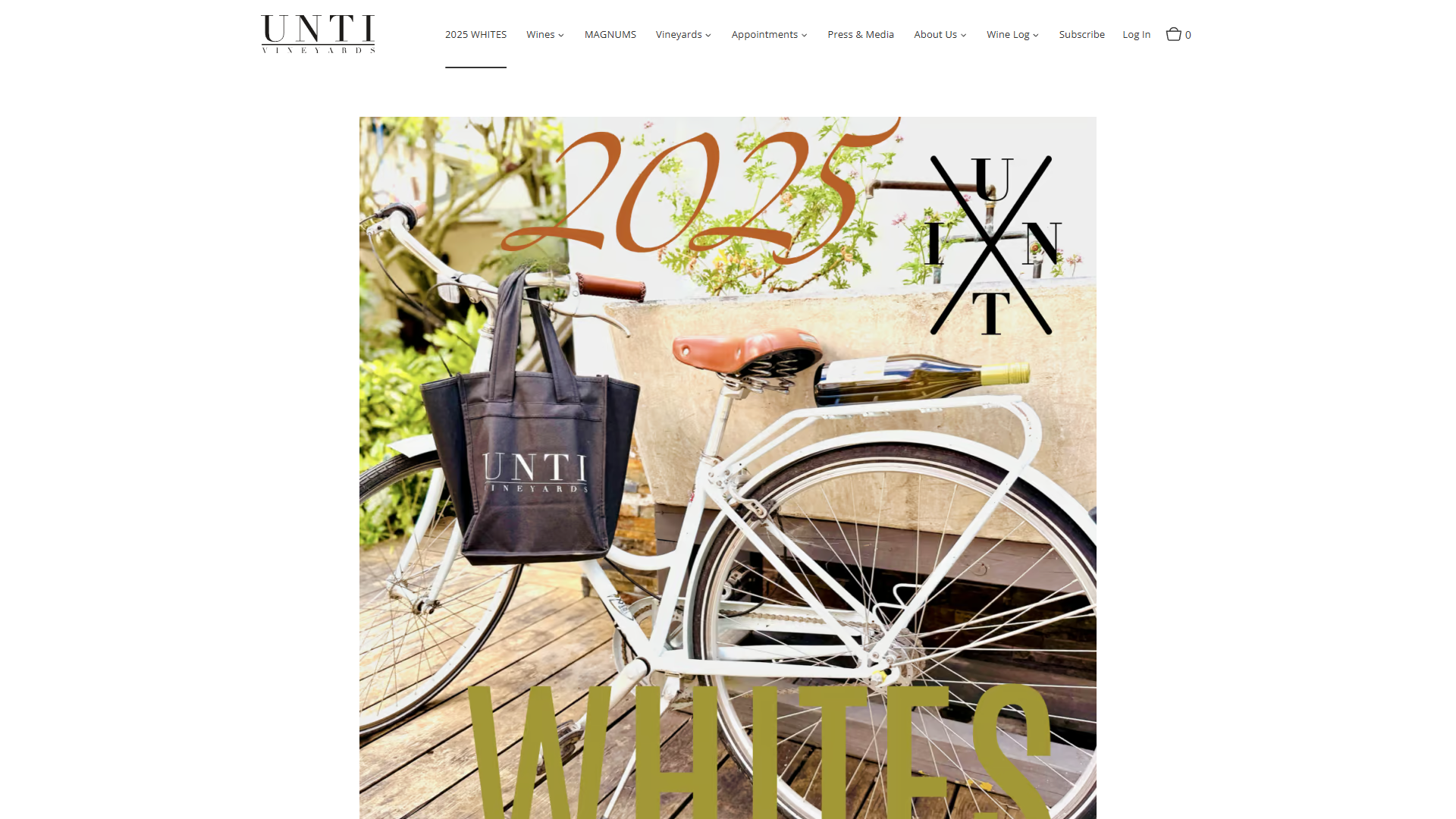 The Unti Vineyards 2025 whites page in a desktop browser, with a bicycle carrying an Unti tote bag and a bottle, overprinted with the words "2025 Whites".