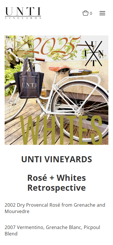 The Unti Vineyards 2025 whites page on a phone, with the bicycle artwork above a rosé and whites retrospective.
