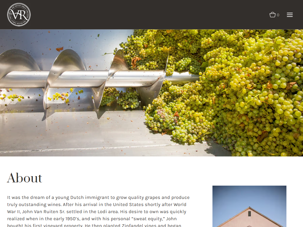 The Van Ruiten About page in a desktop browser, with a close photograph of white grapes moving through stainless steel harvest equipment, above the heading "About".