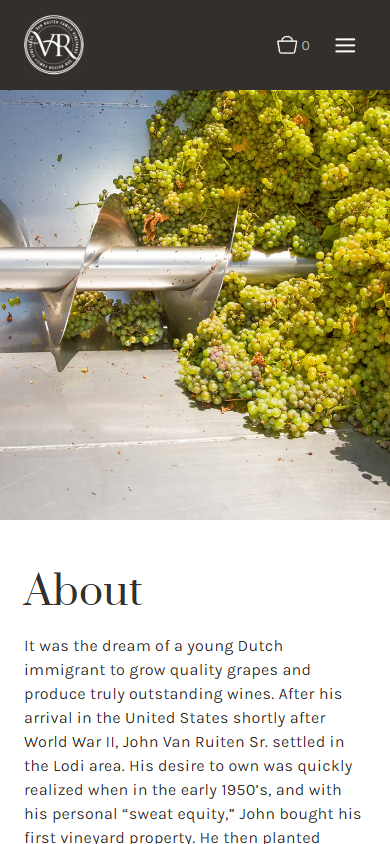 The Van Ruiten About page on a phone, with the photograph of white grapes in the harvest equipment above the winery's history.
