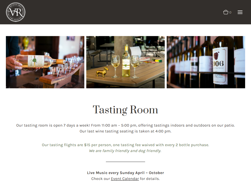 The Van Ruiten tasting room page in a desktop browser, with three photographs of the bar, a table set with glasses and a shelf of bottles, above the heading "Tasting Room" and the opening hours.