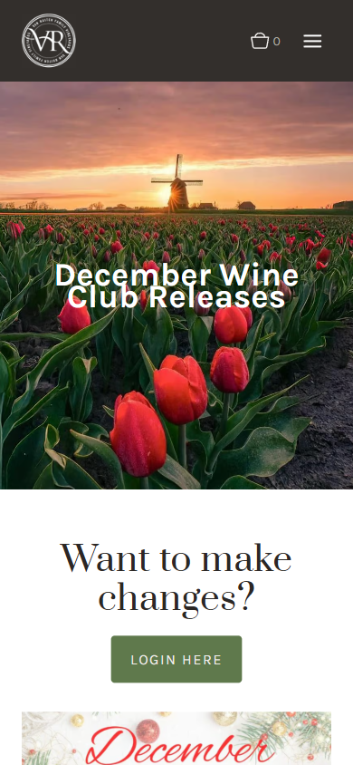 The Van Ruiten wine club releases page on a phone, headed "December Wine Club Releases" over a field of tulips at sunset, with a login button below.
