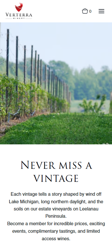 The Verterra homepage on a phone, with the vine alley above the heading "Never miss a vintage" and the membership copy.