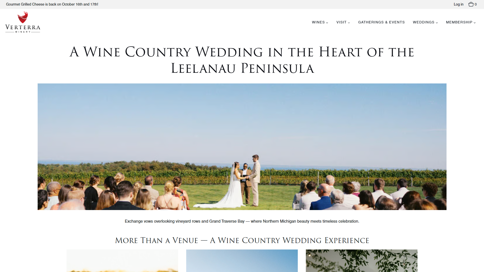The Verterra weddings page in a desktop browser, headed "A Wine Country Wedding in the Heart of the Leelanau Peninsula", with a ceremony under way on the lawn in front of seated guests and the vineyard beyond.