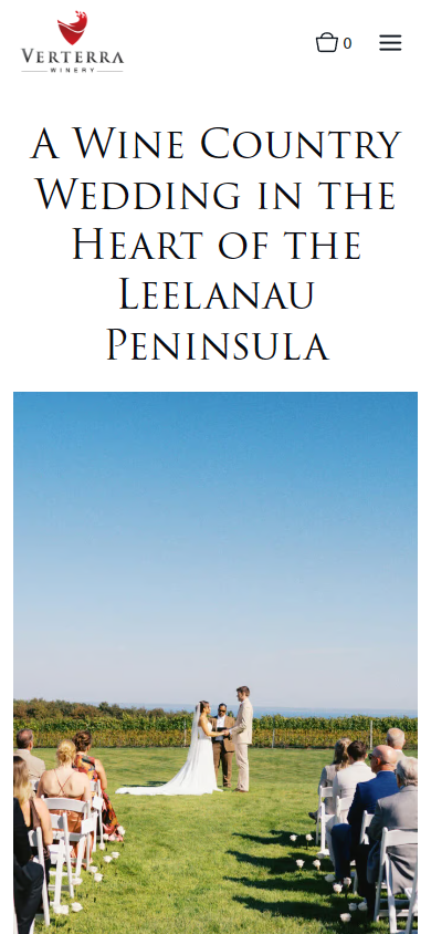 The Verterra weddings page on a phone, with the Leelanau Peninsula heading above the ceremony photograph.