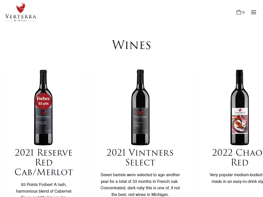 The Verterra wines listing in a desktop browser, headed "Wines", showing the 2021 Reserve Red, the 2021 Vintners Select and the 2022 Chao Red with their tasting notes.