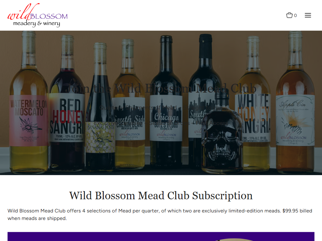 The Wild Blossom mead clubs page in a desktop browser, with a row of labeled bottles above the heading "Wild Blossom Mead Club Subscription" and the quarterly terms.