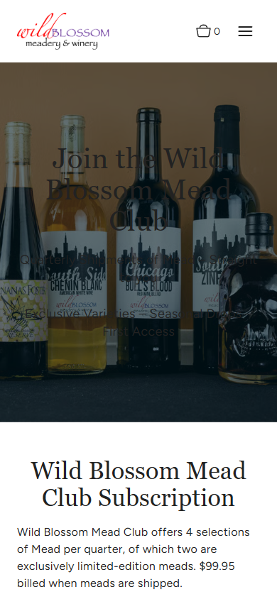 The Wild Blossom mead clubs page on a phone, with the row of bottles above the subscription heading and terms.