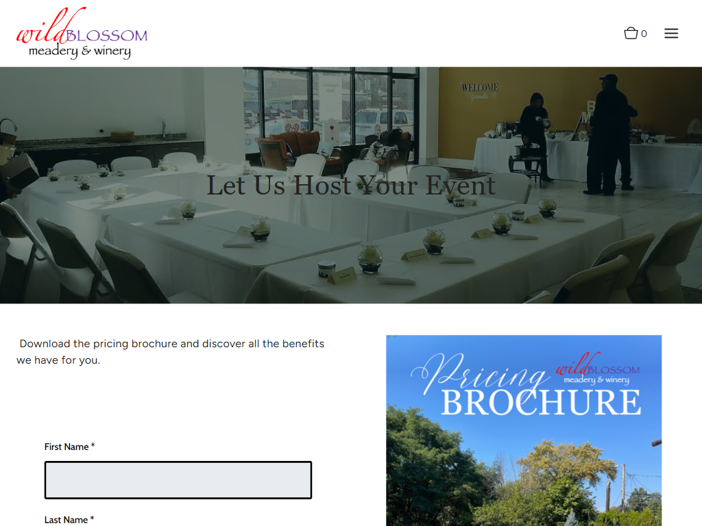 The Wild Blossom events page in a desktop browser, headed "Let Us Host Your Event" over a room set with round tables, beside a form to download the pricing brochure.