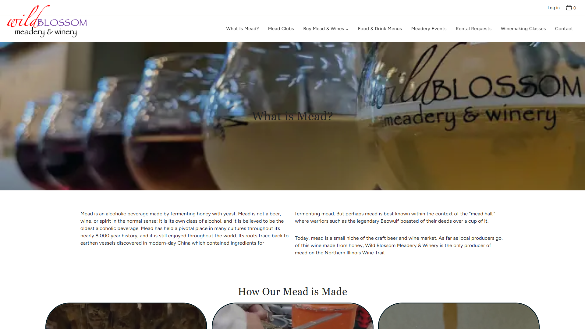 The Wild Blossom page in a desktop browser headed "What Is Mead?" over a row of glasses of mead in different shades, with an explanation of honey fermentation and a section on how the mead is made.