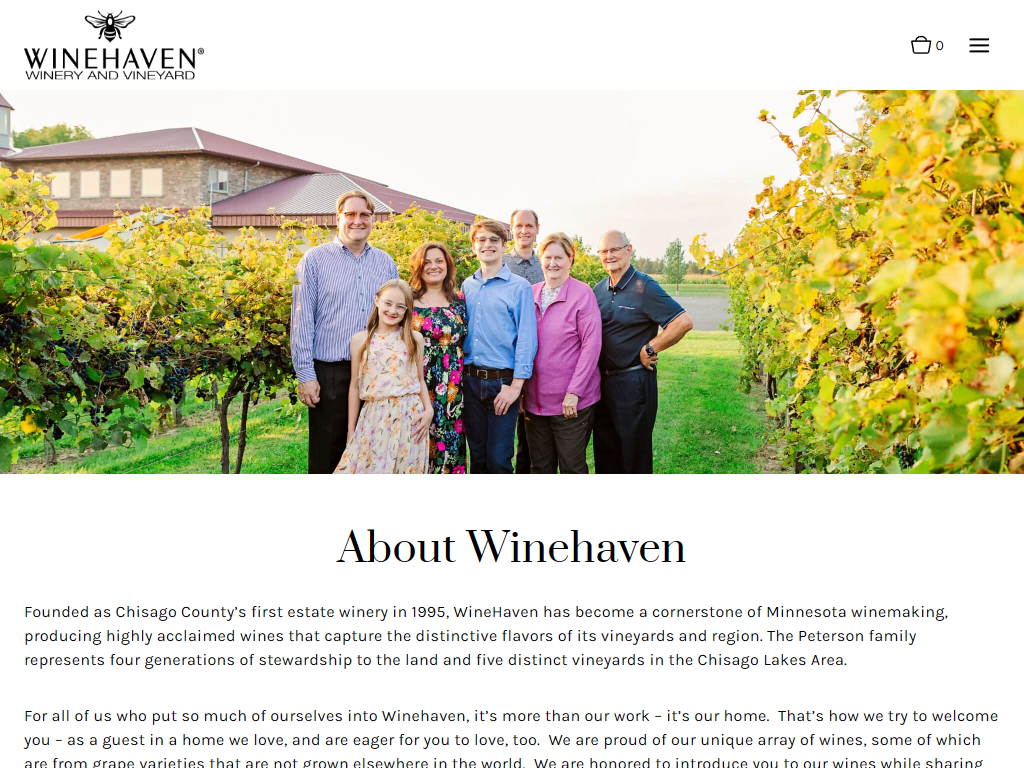 The Winehaven About page in a desktop browser, with the family photographed in front of the winery among autumn vines, above the heading "About Winehaven".