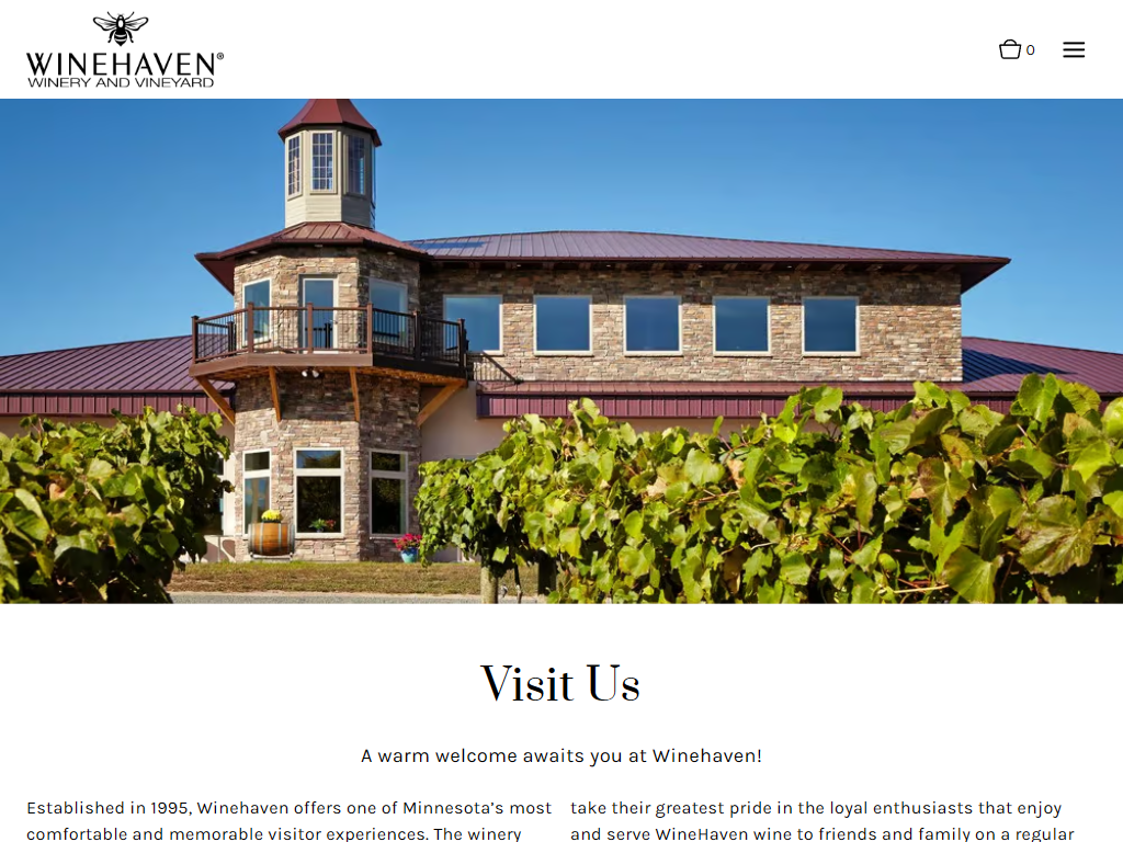 The Winehaven Visit Us page in a desktop browser, with the stone winery building above the heading "Visit Us" and a welcome to visitors.