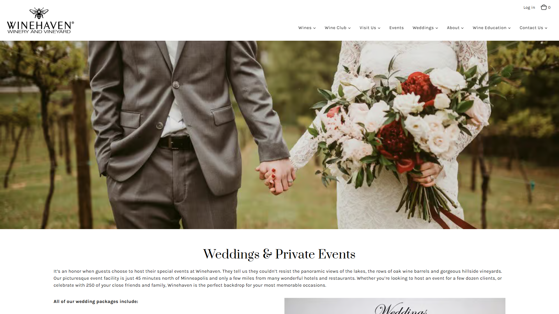 The Winehaven weddings page in a desktop browser, with a couple holding hands in the vineyard and the bride's bouquet in close view, above the heading "Weddings & Private Events".
