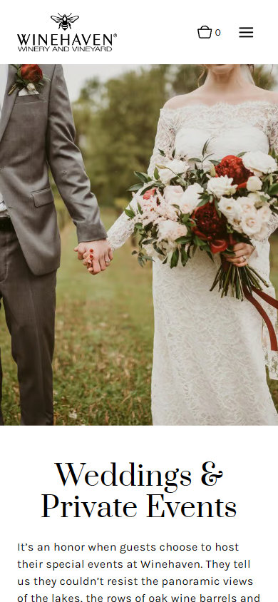 The Winehaven weddings page on a phone, with the couple and bouquet above the heading "Weddings & Private Events".