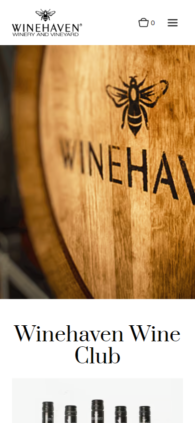 The Winehaven wine club page on a phone, with a barrel end branded with the Winehaven name and bee above the heading "Winehaven Wine Club".