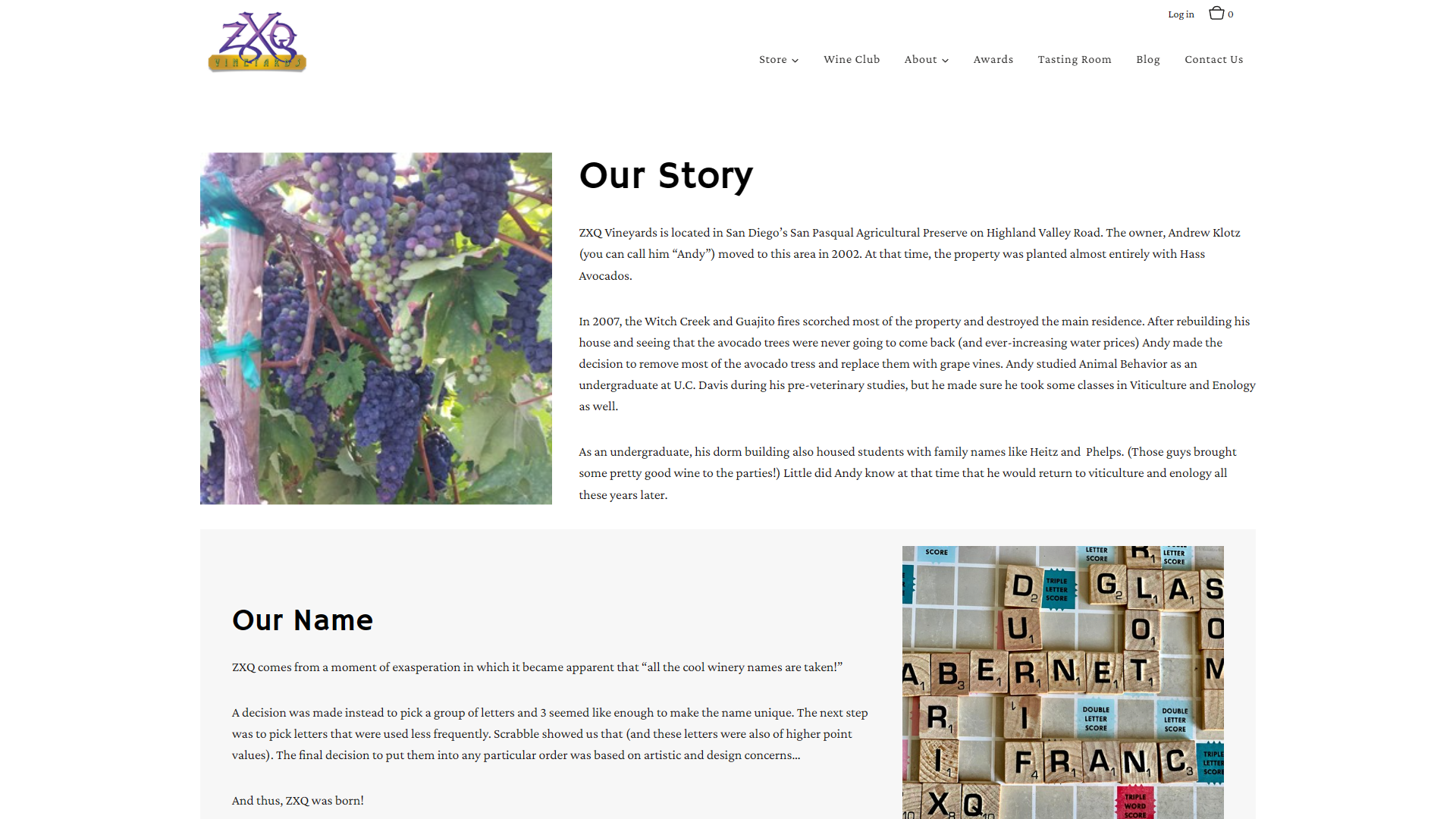 The ZXQ About page in a desktop browser, headed "Our Story" beside a photograph of dark grapes on the vine, with a section headed "Our Name" beside a Scrabble board spelling out grape varieties.
