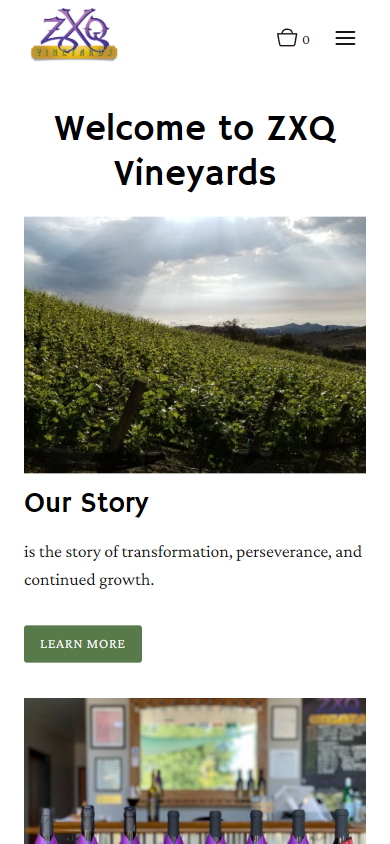 The ZXQ homepage on a phone, with the welcome heading above the sunlit vineyard and the Our Story panel.