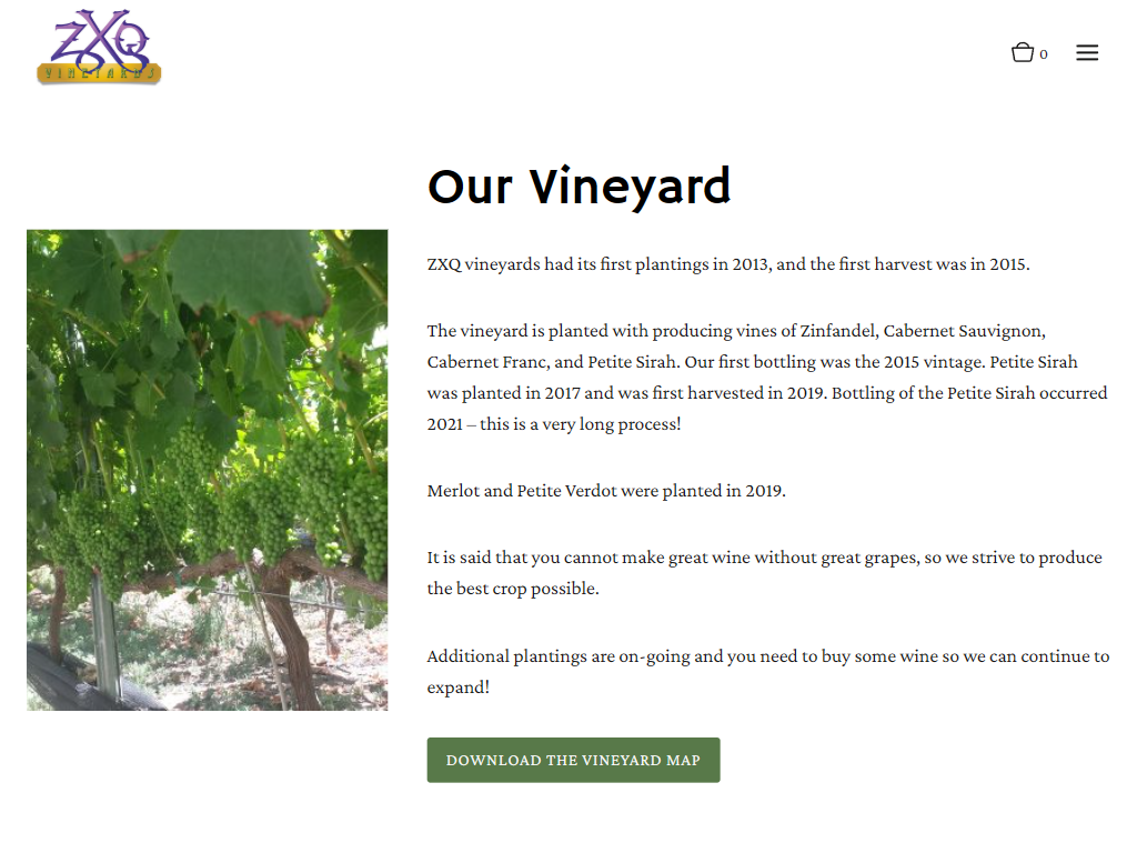 The ZXQ vineyard page in a desktop browser, headed "Our Vineyard" beside the vines, setting out the planting history and offering a vineyard map to download.