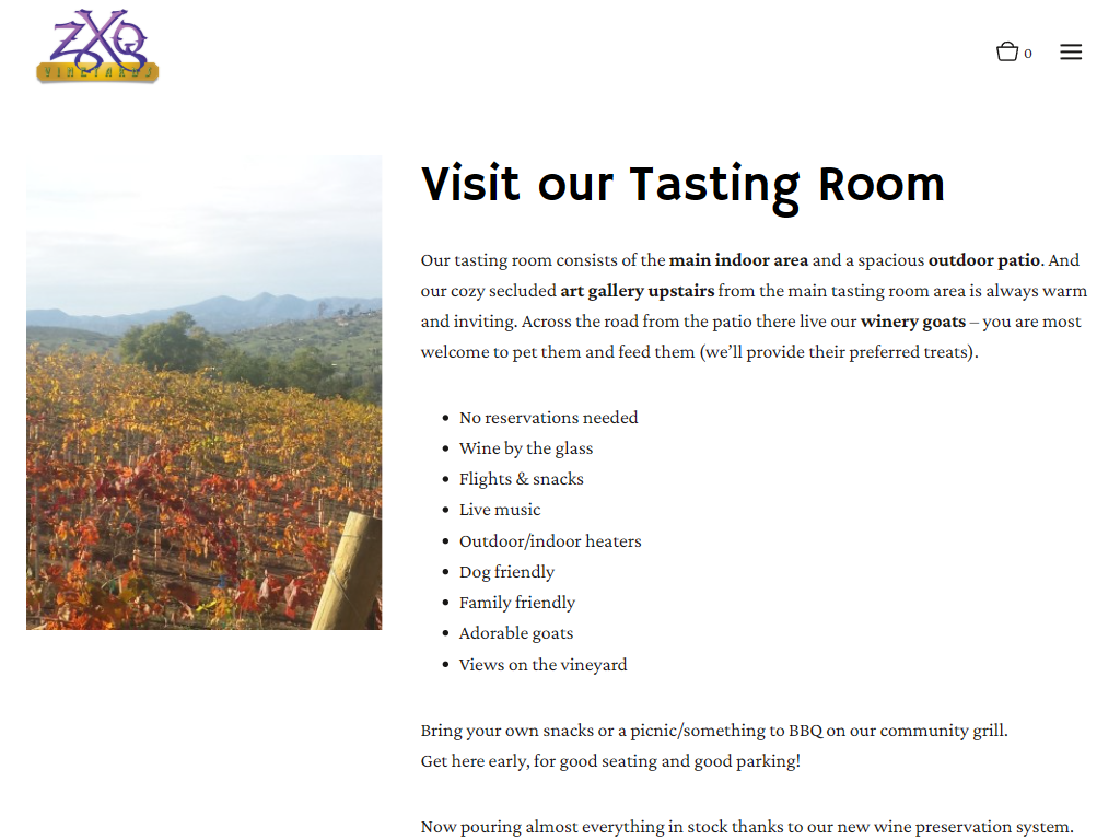 The ZXQ tasting room page in a desktop browser, headed "Visit our Tasting Room" beside an autumn vineyard, with a list of what the room offers including wine by the glass and dog-friendly seating.