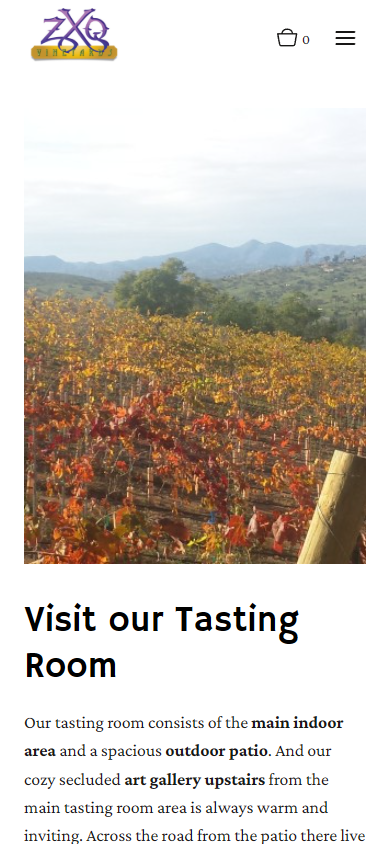 The ZXQ tasting room page on a phone, with the vineyard photograph above the heading "Visit our Tasting Room".