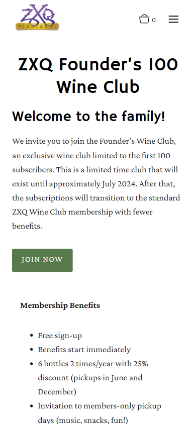 The ZXQ wine club page on a phone, headed "ZXQ Founder's 100 Wine Club", with the welcome and the list of membership benefits.