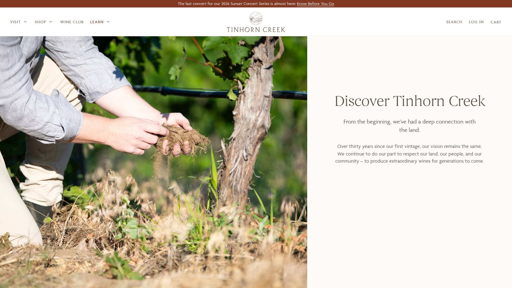 The Tinhorn Creek About page now: Discover Tinhorn Creek beside hands in the vineyard soil