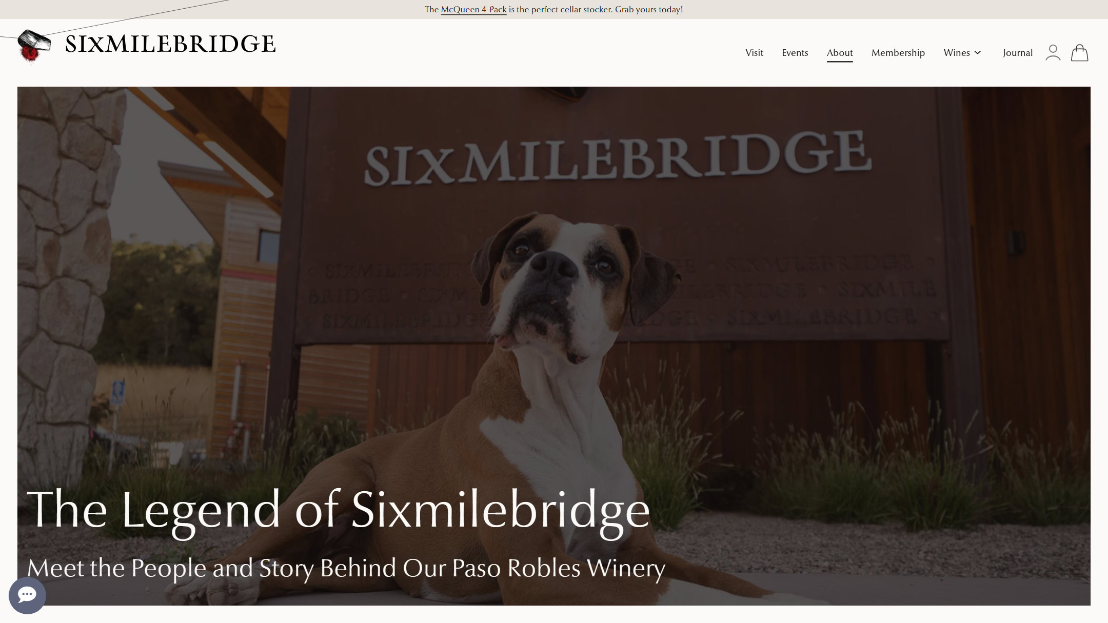 The Sixmilebridge About page now: The Legend of Sixmilebridge over the winery sign and the dog