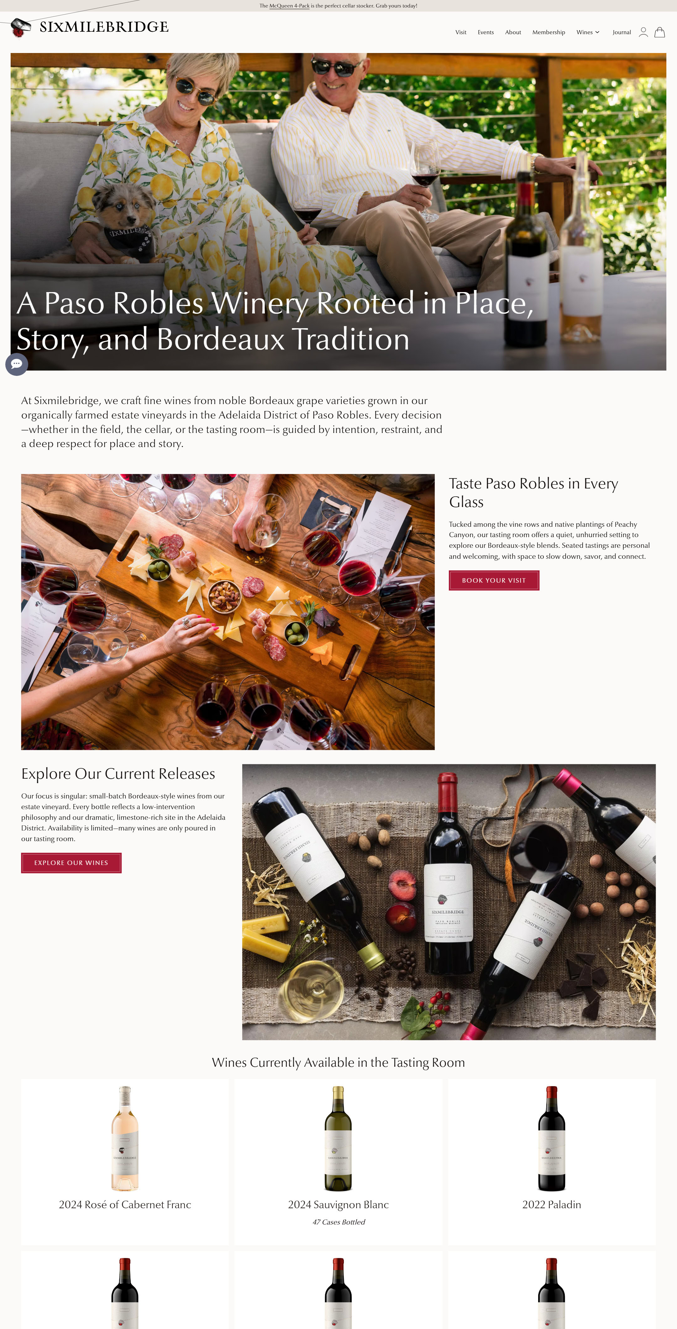 The Sixmilebridge home page now: a hero photograph, the tasting room, current releases and wines available