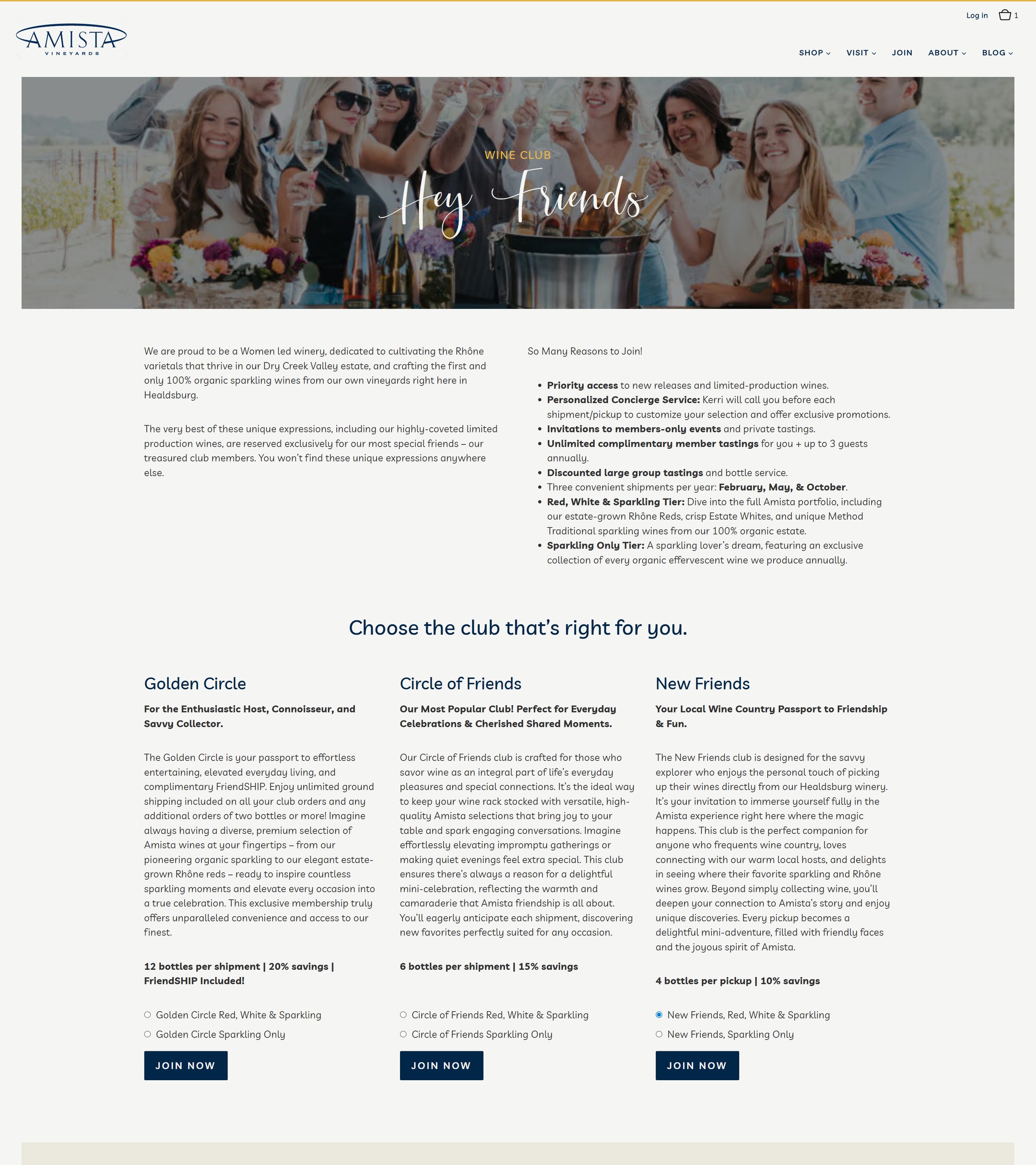 The Amista Wine Club page we built: Hey Friends, the member benefits and three clubs side by side