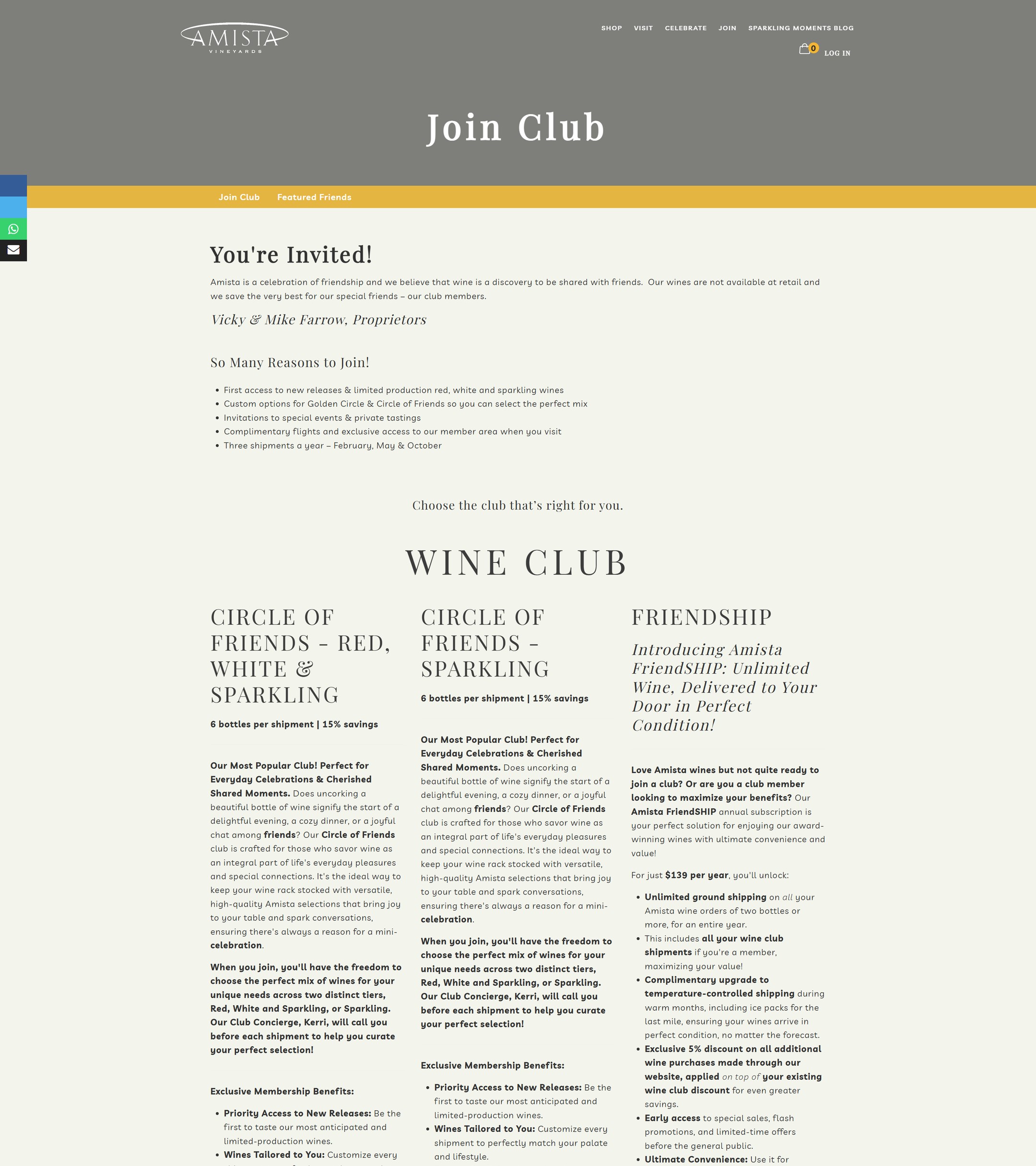 The Amista club page before our rebuild: Join Club over long columns of membership text