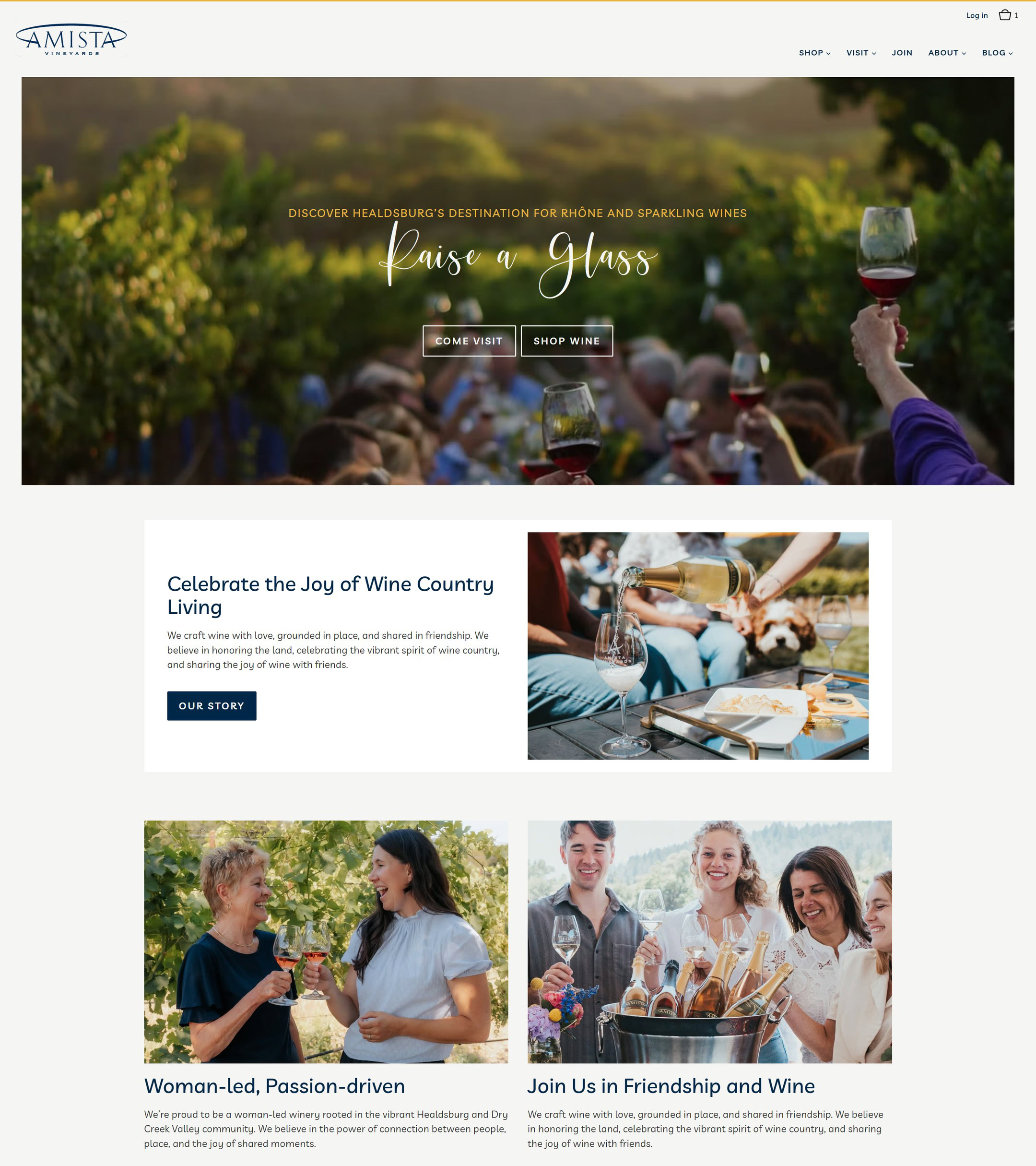 The Amista home page we built: Raise a Glass, then Celebrate the Joy of Wine Country Living
