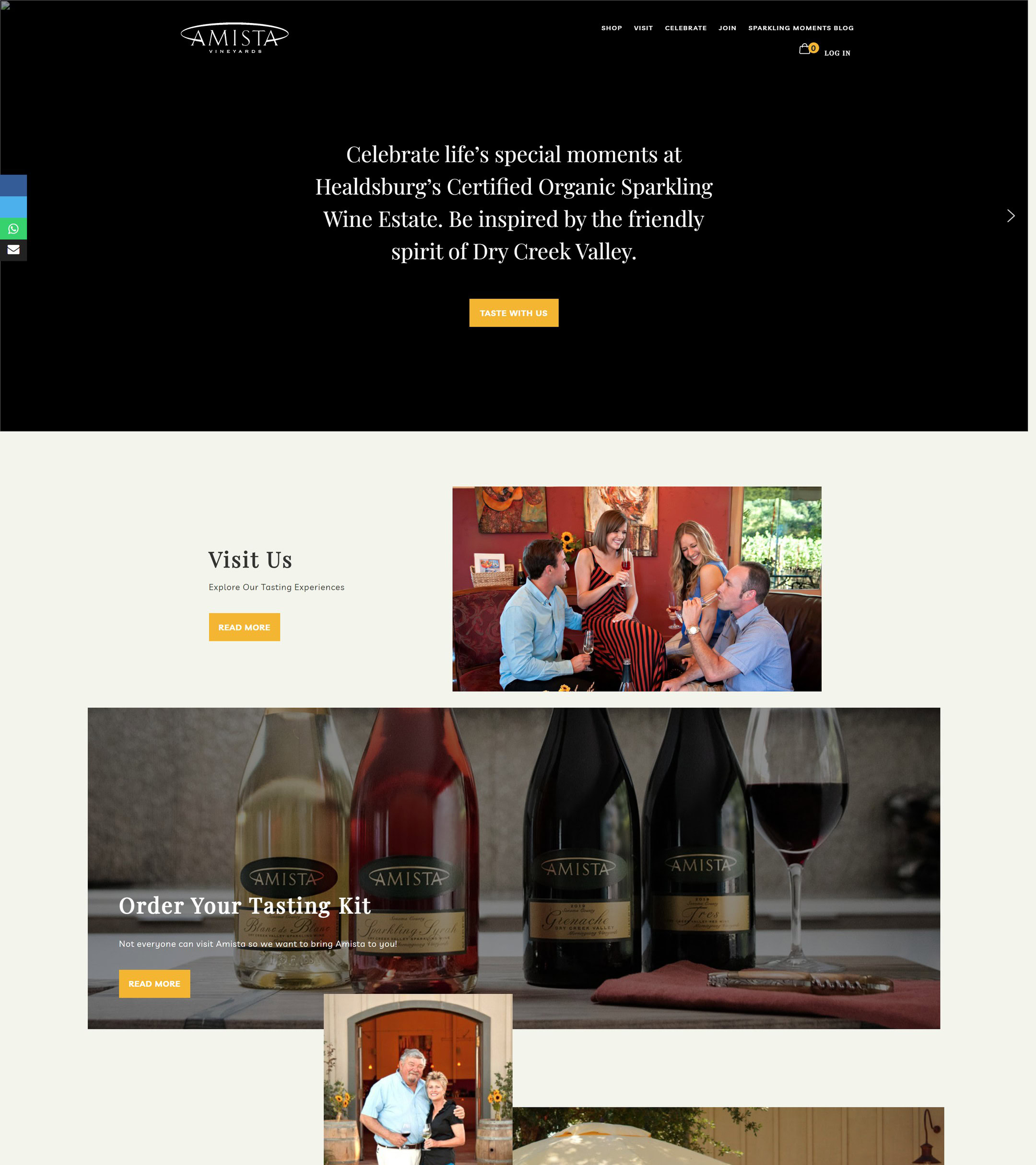 The Amista home page before our rebuild: a vineyard photograph and a loose stack of sections