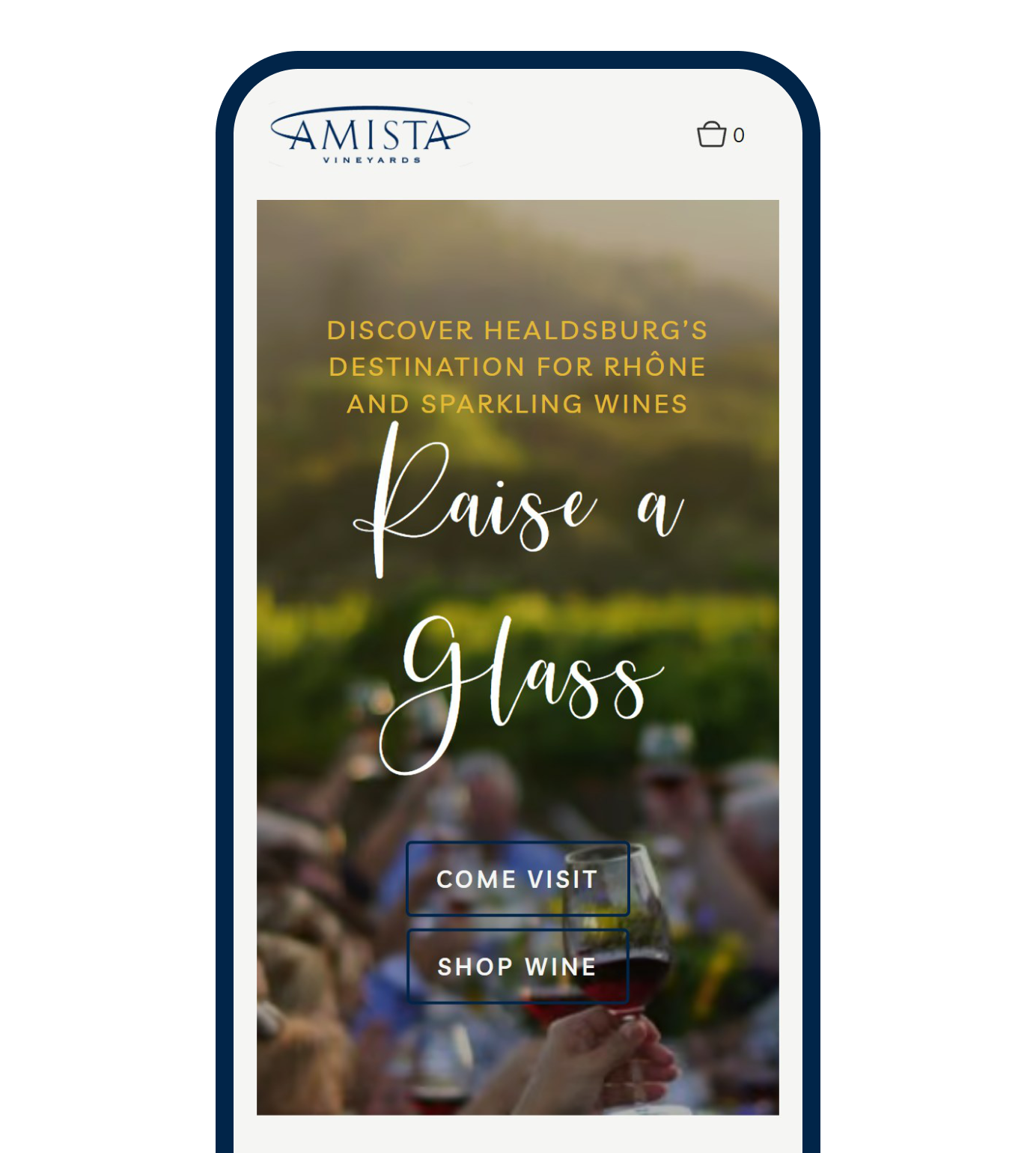 The Amista Vineyards home page on a phone