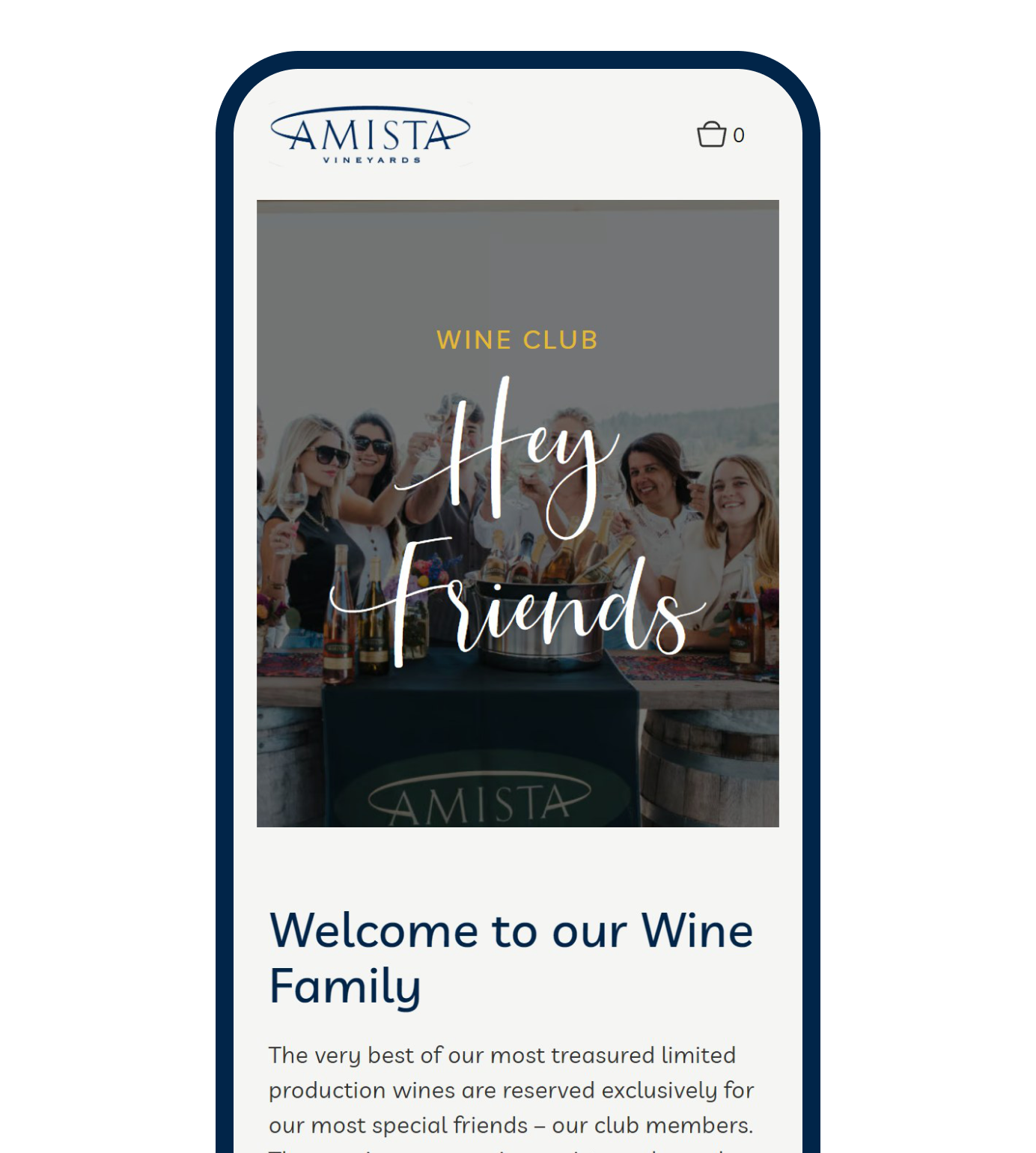 The Amista Vineyards Wine Club page on a phone