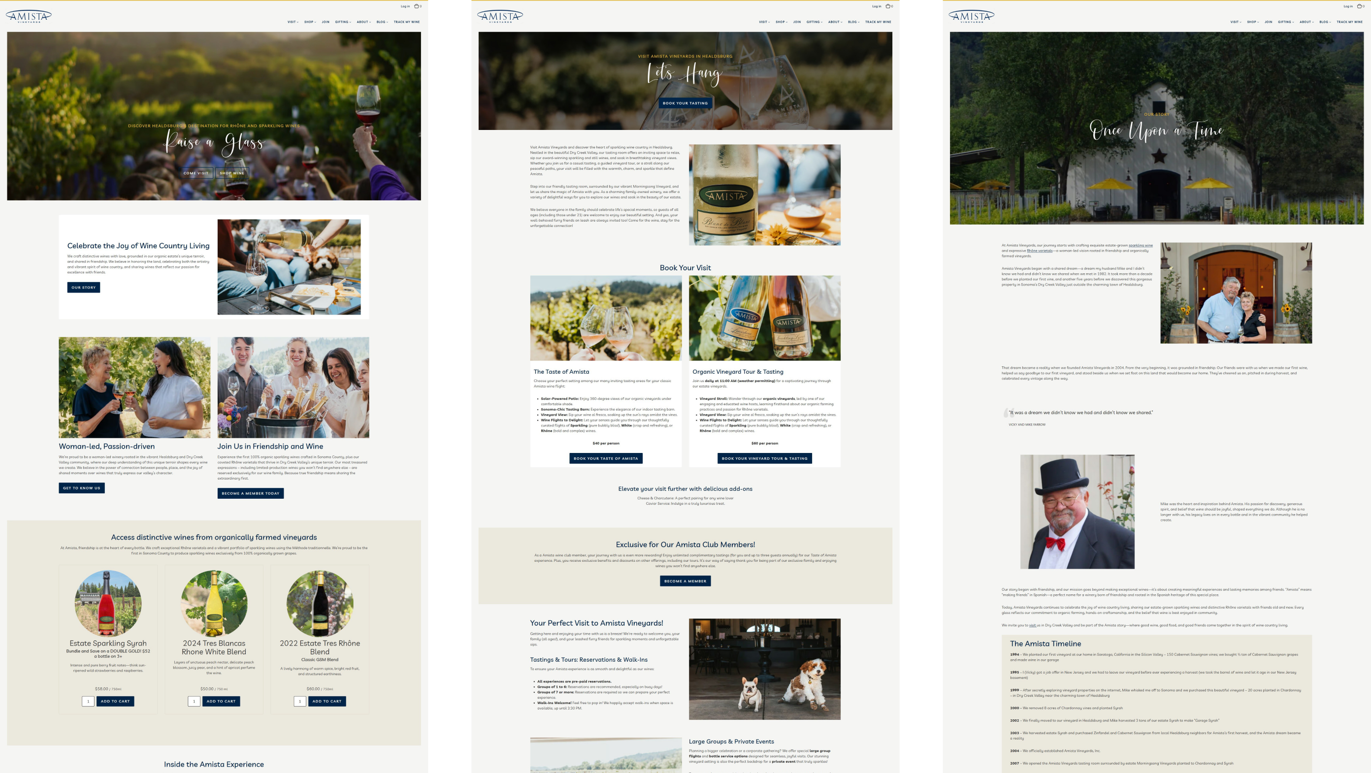 Three Amista Vineyards pages: home, Visit Us and Our Story
