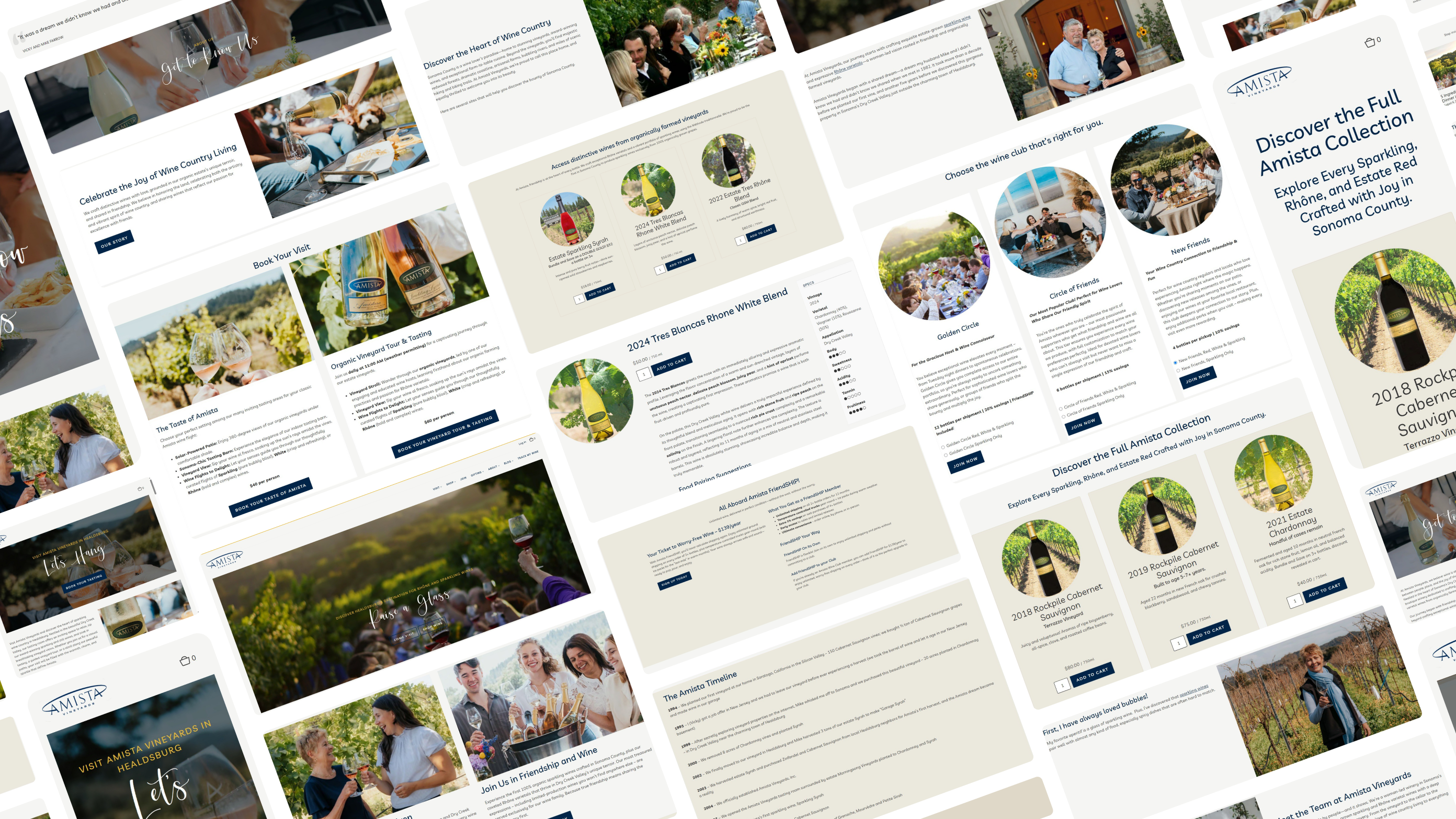 Pieces of the Amista Vineyards website and phone screens, from tastings and tours to the wine club and the shop