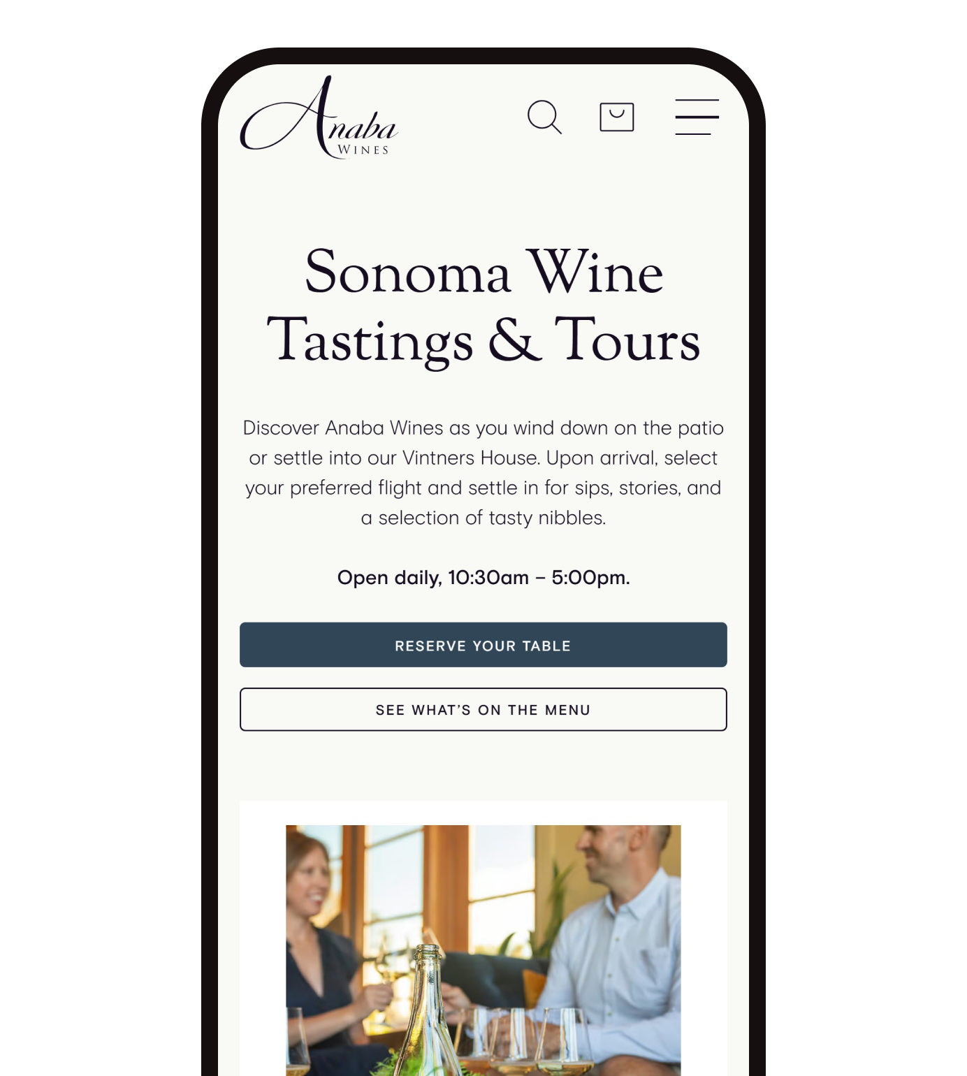 The Anaba Wines Tastings & Tours page on a phone