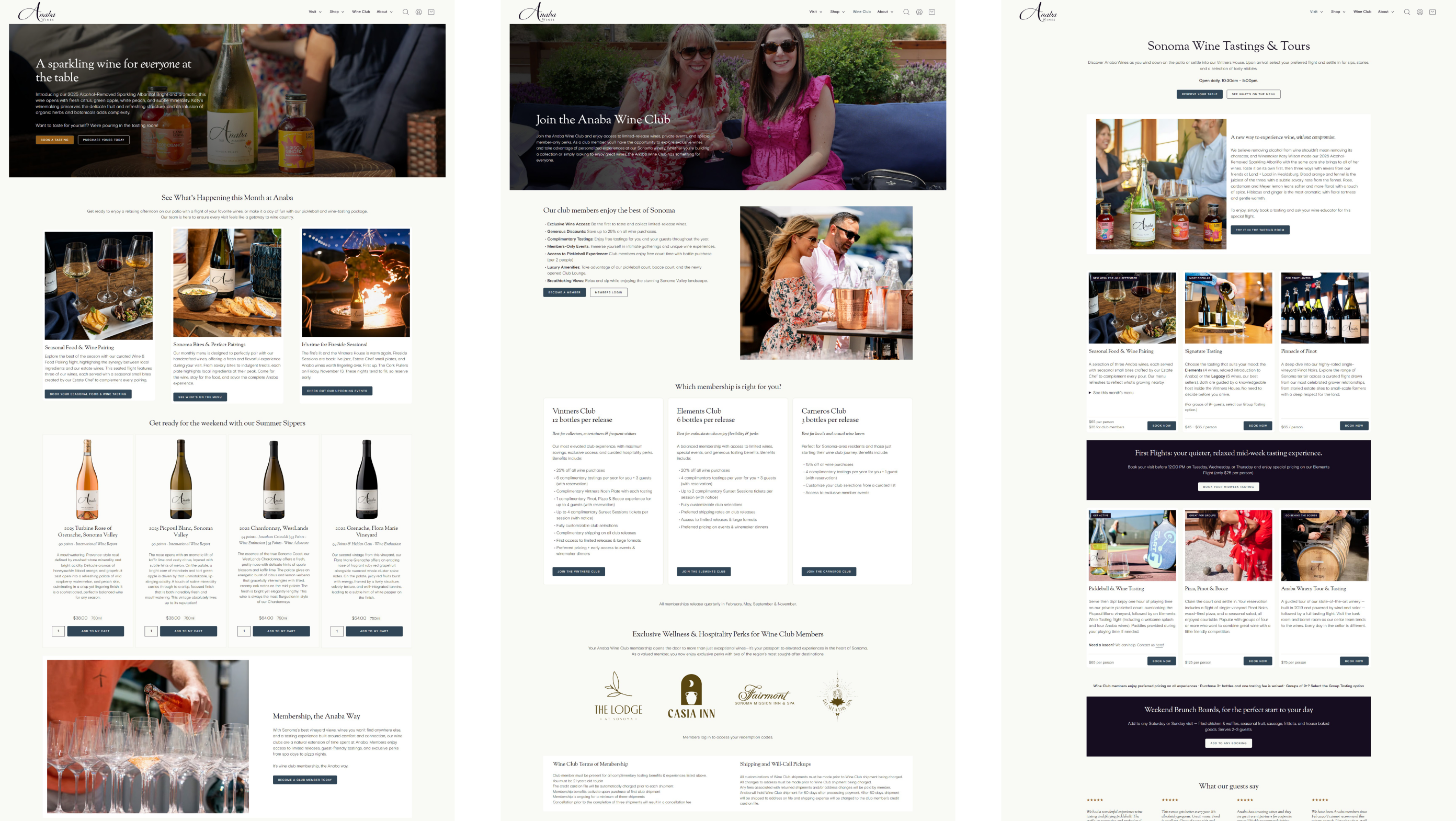 Three Anaba Wines pages: home, Join the Anaba Wine Club and Visit