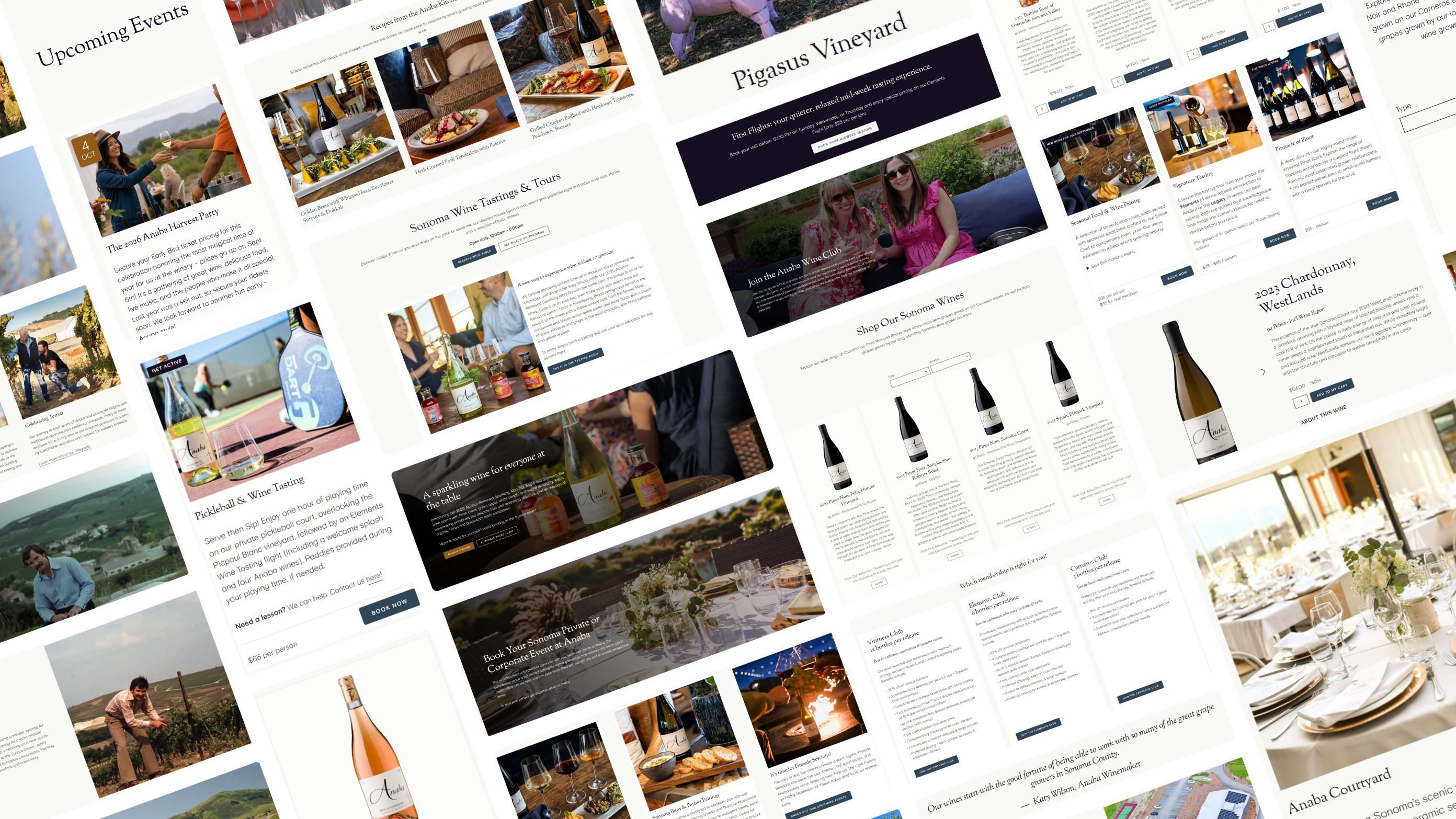 Pieces of the Anaba Wines website and phone screens, from the home page and tastings to the wine club, the shop and private events
