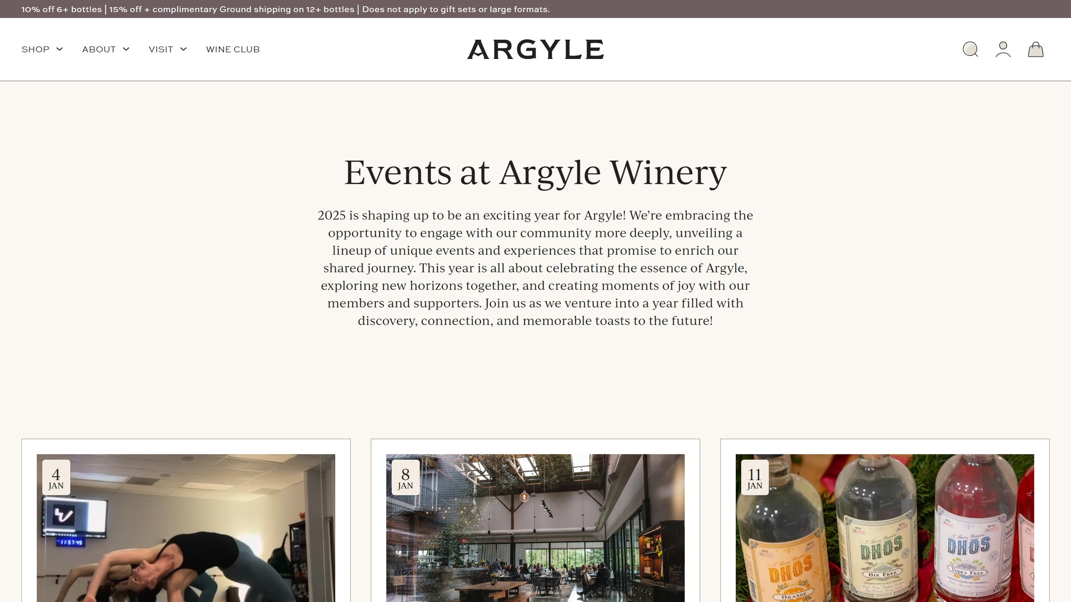 The Argyle events page in January 2025: Events at Argyle Winery, with the season’s events below
