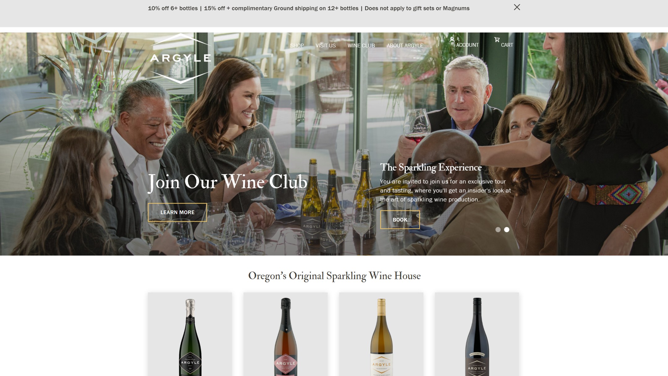 The Argyle home page in 2024, on the old site: Join Our Wine Club, over guests at a tasting table