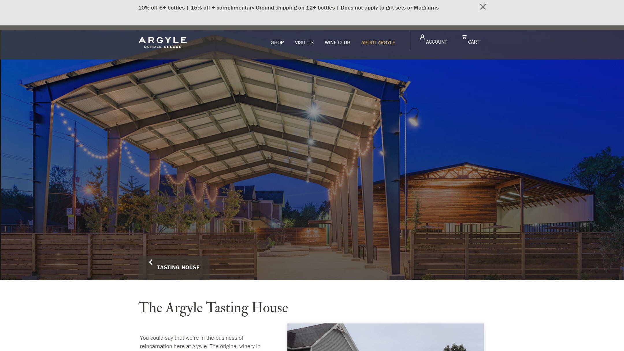 The Argyle Tasting House page in 2024: the covered patio at dusk