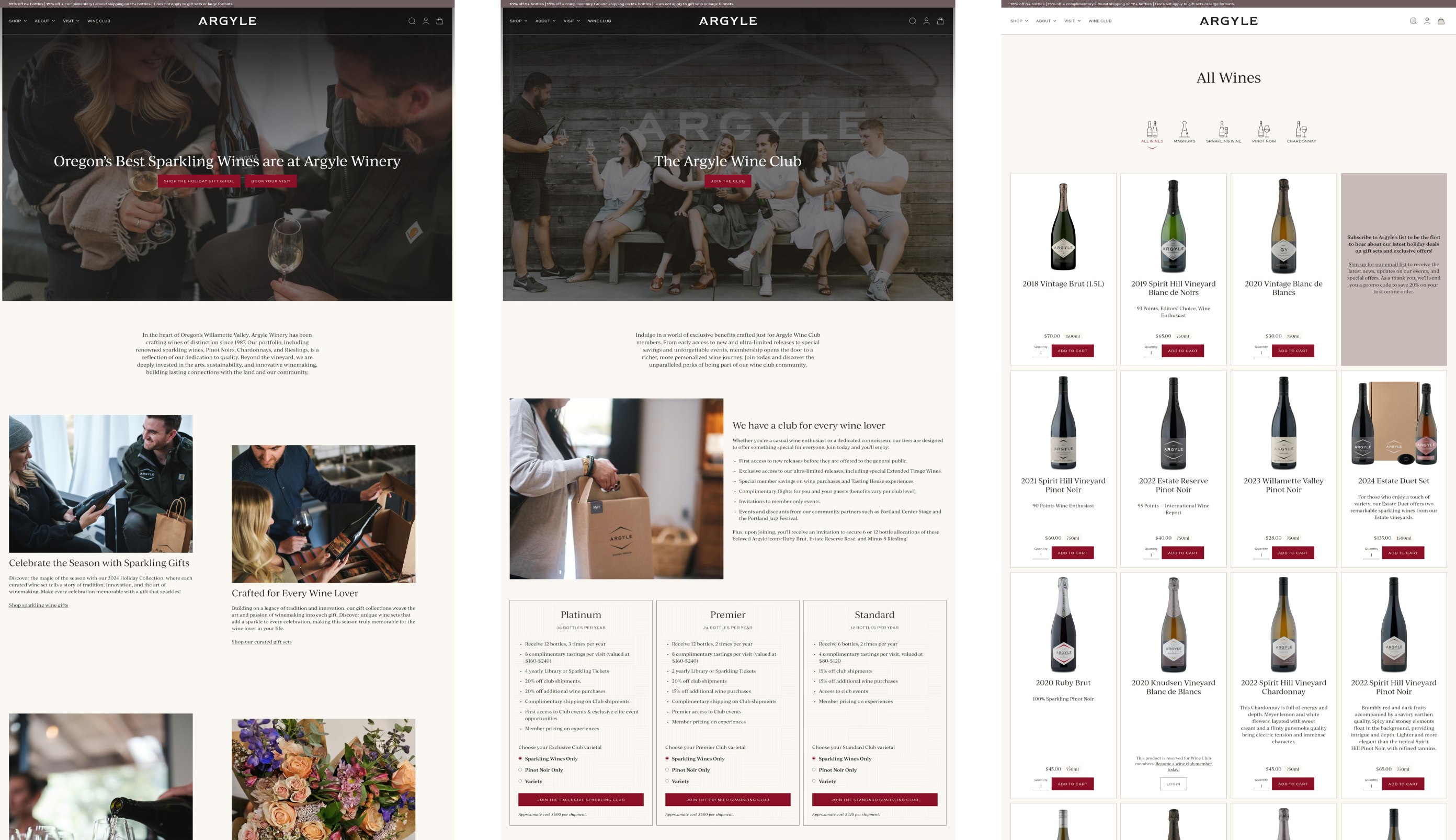 Three Argyle Winery pages: home, the Argyle Wine Club and All Wines
