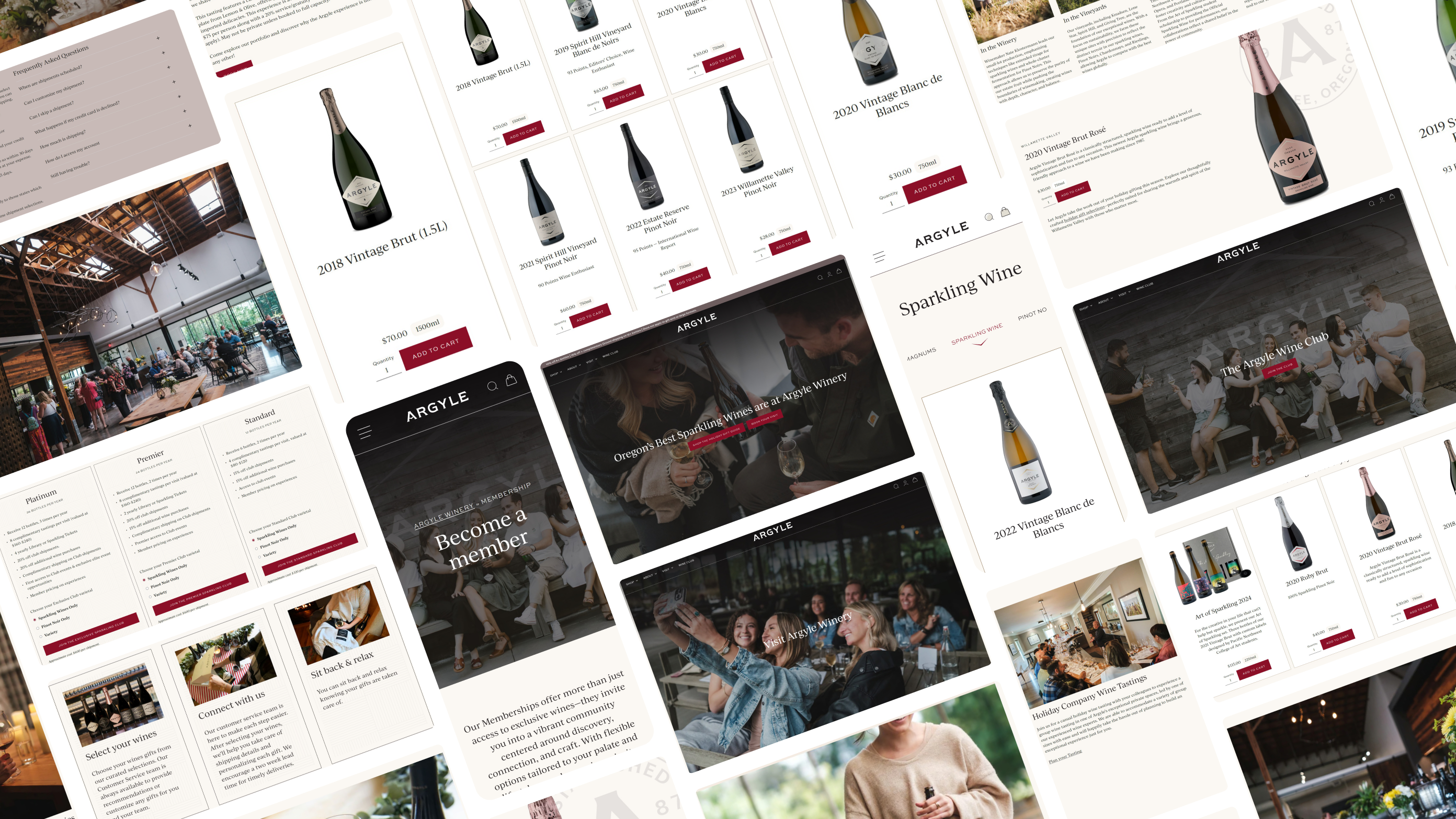 Pieces of the Argyle Winery website and phone screens, from the home page and the shop to the wine club and the Tasting House