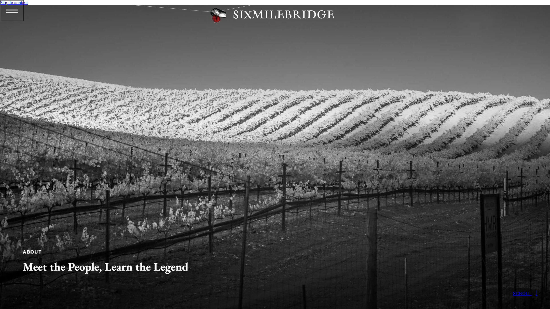 The Sixmilebridge About page in March 2024: a black and white vineyard photograph under the words Meet the People, Learn the Legend