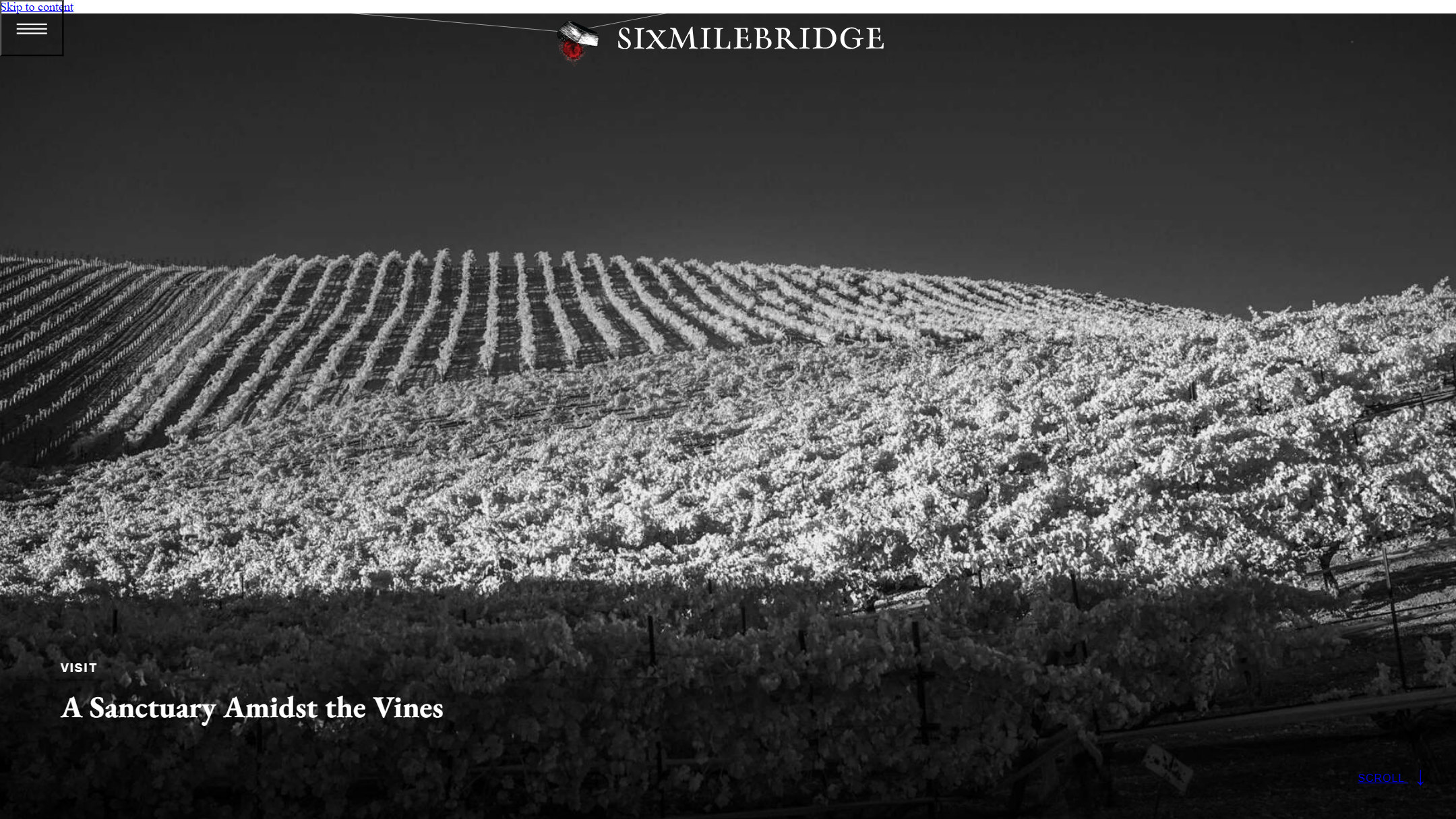 The Sixmilebridge Visit page in March 2024: a black and white vineyard photograph under the words A Sanctuary Amidst the Vines
